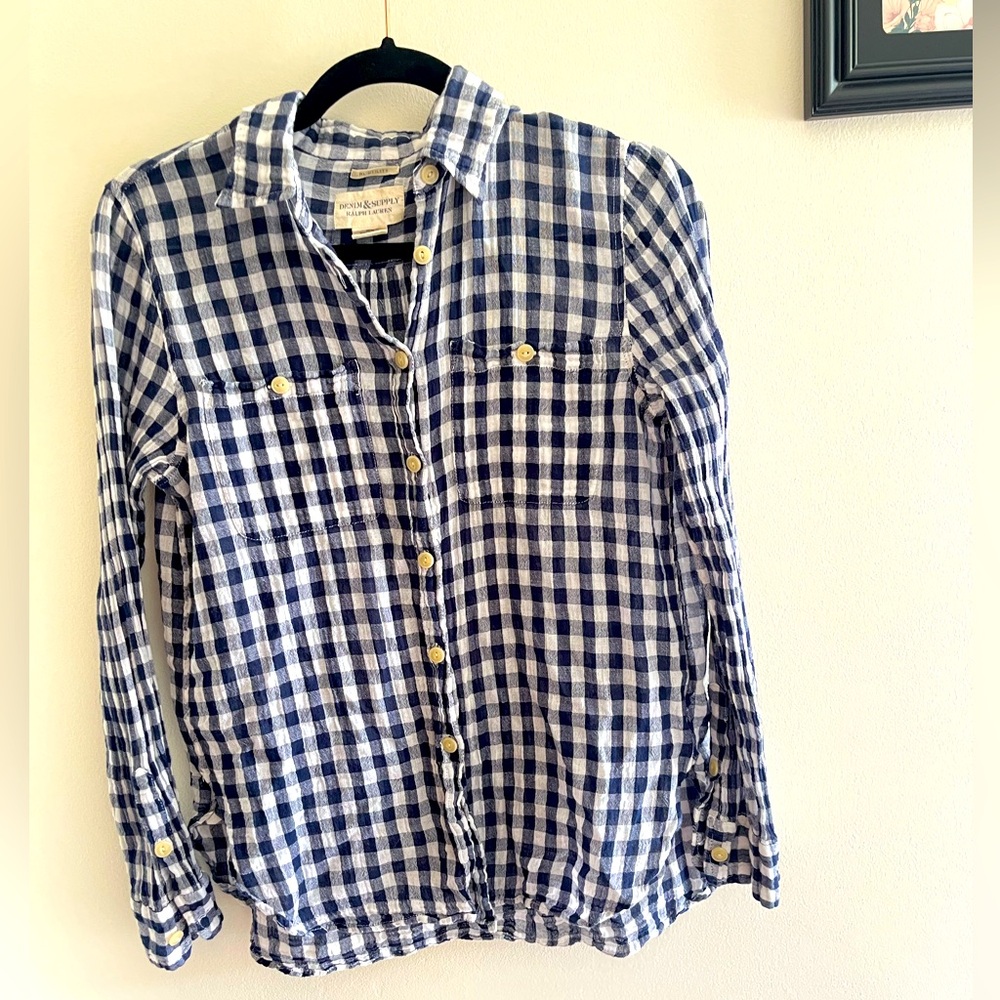 Blue & white gingham plaid button down shirt 100% cotton Ralph Lauren size M